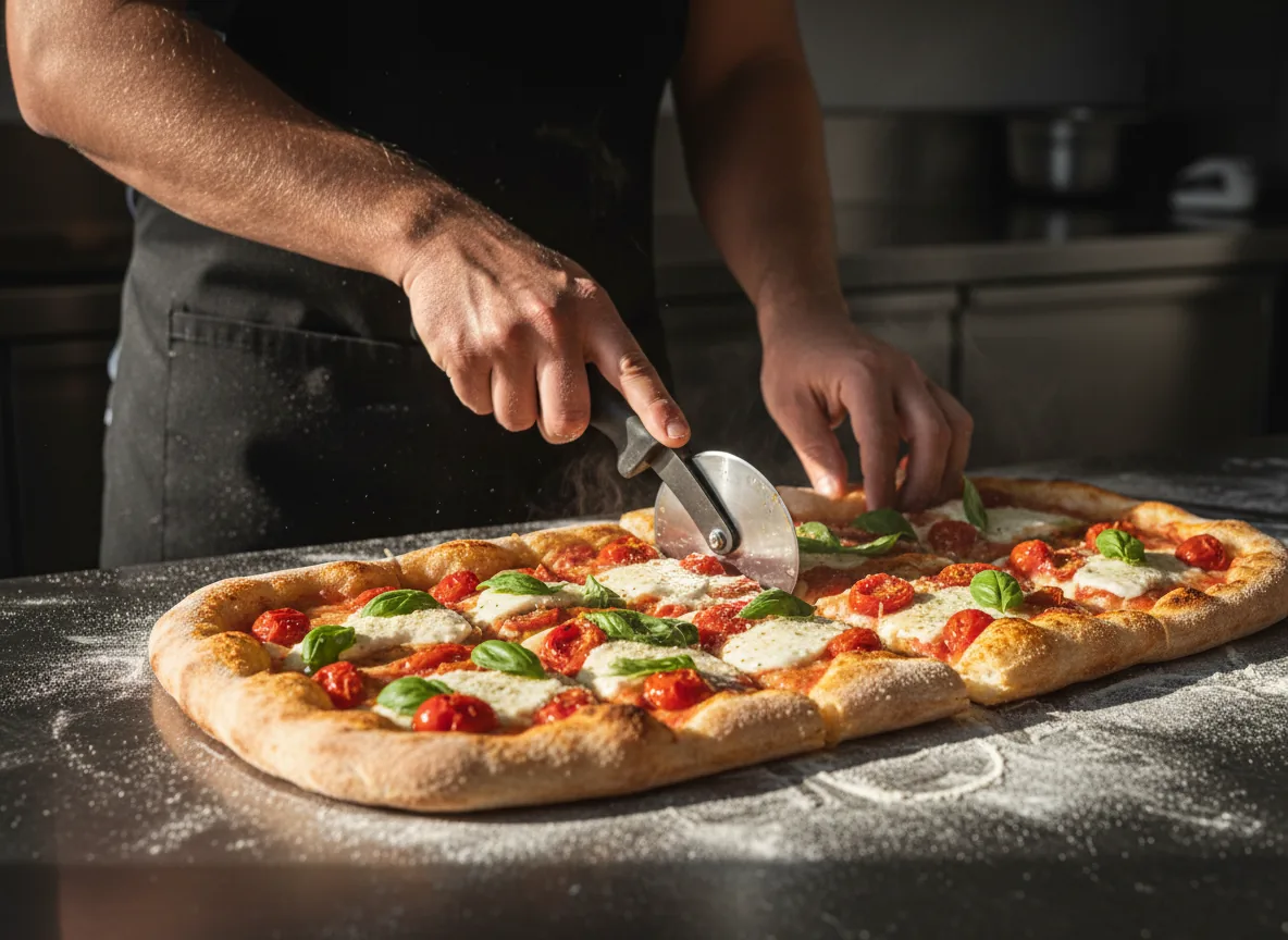 A cook cutting a long pizza with a wheel