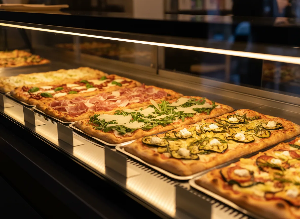Pizzas in the warm display case