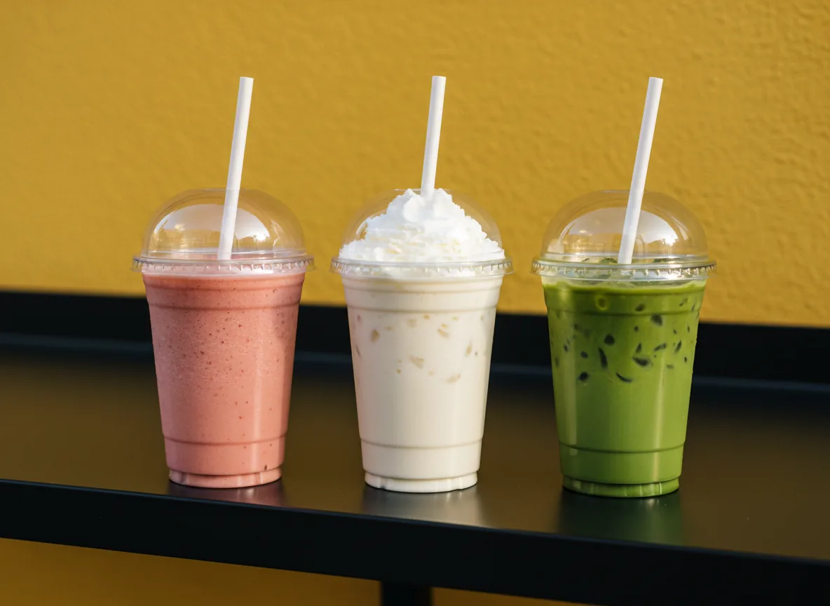 Smoothie, milkshake and iced matcha in takeaway cups