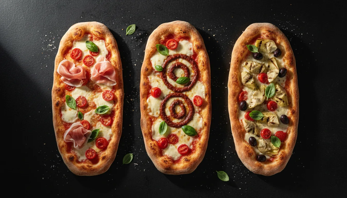 Three long rectangular pizzas on the counter