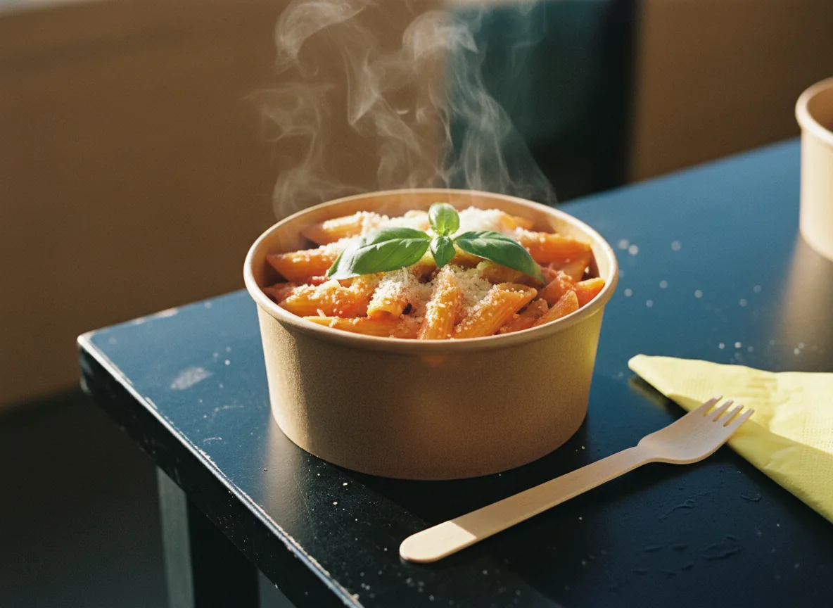 Takeaway bowl of penne arrabbiata
