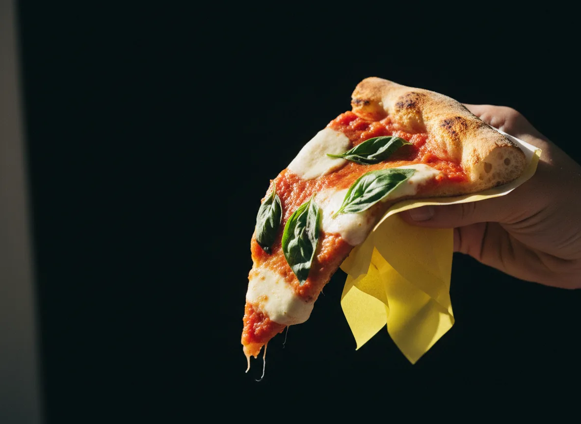 A slice of rectangular margherita pizza in a yellow wrap