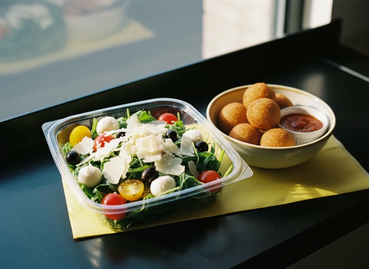 Italian salad and crispy rice balls